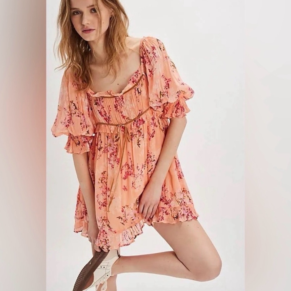 FREE PEOPLE Marney Mini Dress babydoll in Peach combo